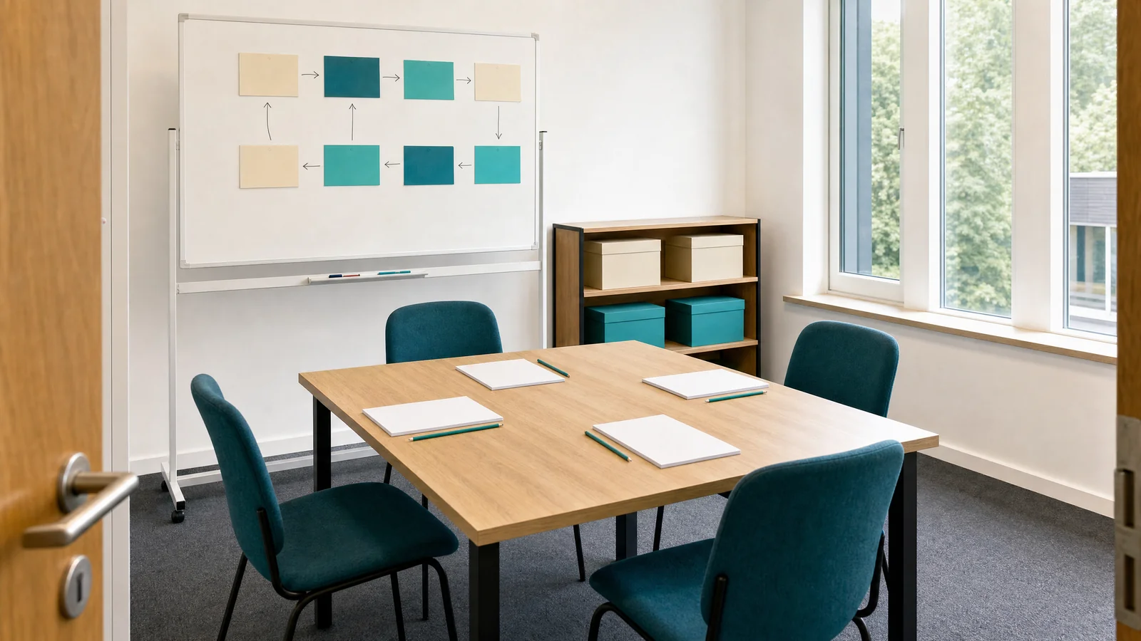 Vorbereiteter Workshopraum mit Arbeitsmaterialien, Notizkarten und Laptops ohne Personen