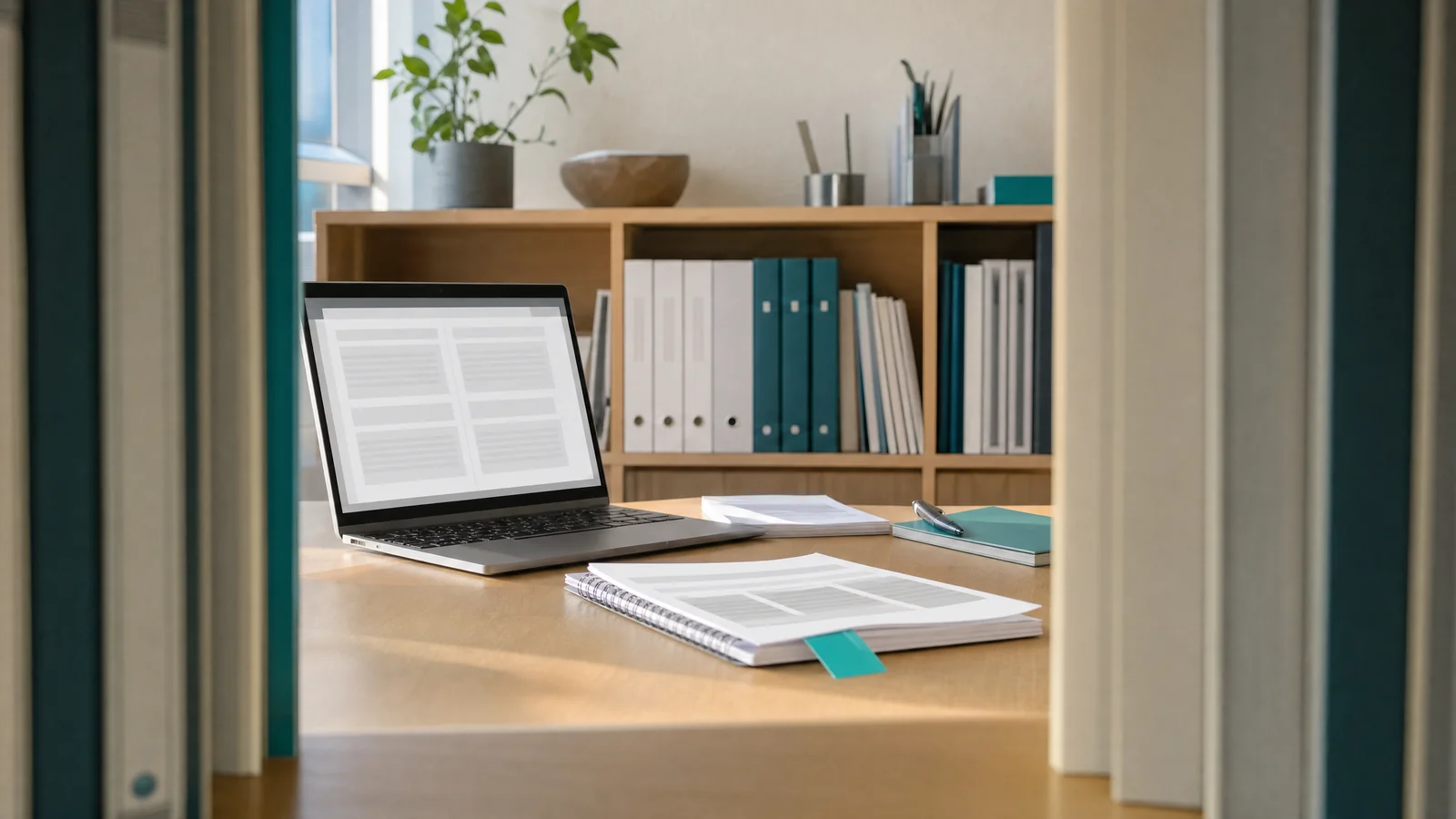 Arbeitsplatz mit geordneten Handbüchern und einem Laptop für die Suche in internen Wissensquellen.