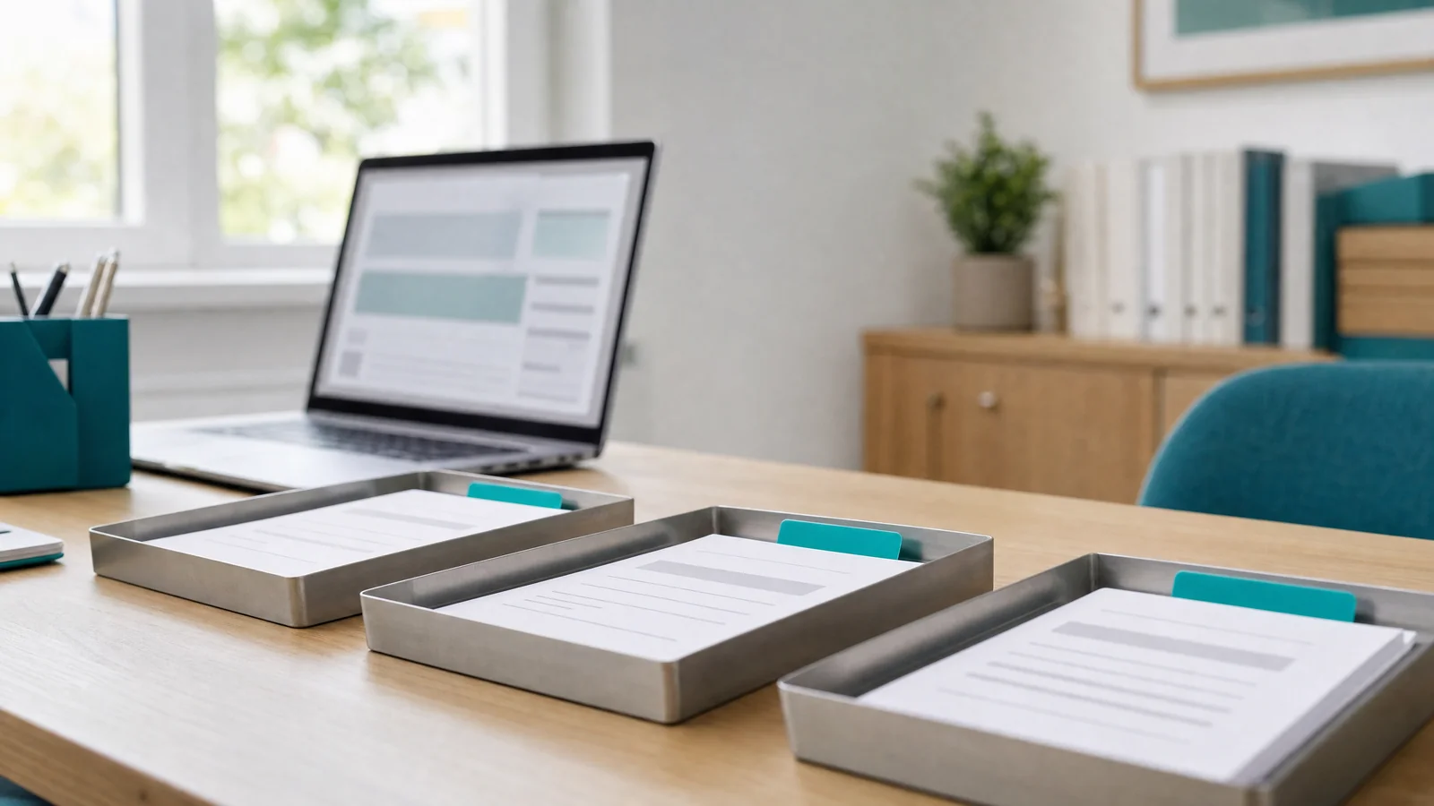 Laptop neben sortierten Vorgangskarten auf einem Arbeitsplatz zur Planung einer Prozessautomatisierung.